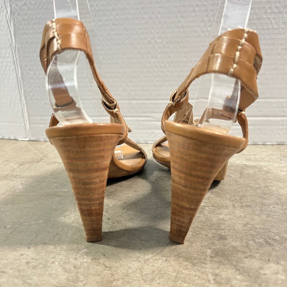 Donald J. Pliner (8) Y2K Tavish Tan Leather Strappy Stack Wood Heel Sandal Shoes - Picture 5 of 14